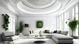 Modern white walled living room with a circular ceiling depicted in 3D লাল কালার নিল কালার