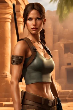 Realistic photo of young Lara Croft Tomb Raider character holding a pistol with an ancient tomb in the background