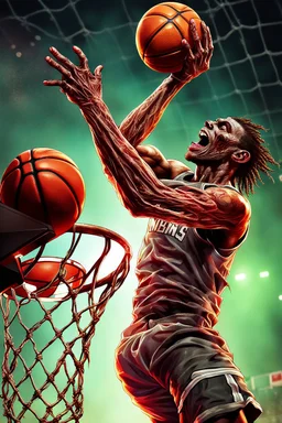 13k, highly realistic and detailed image of a zombie as a NBA basketball player in action dunking the ball in the net, sweaty hair, screaming look,action and explosive background