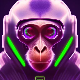 A beautiful portrait of a cyborg monkey purple neon color scheme, high key lighting, volumetric light high details psychedelic background