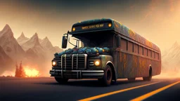 the inside of school buss driving on the freeway, angry orcs, perfect composition, hyperrealistic, super detailed, 8k, high quality, trending on artstation, studio photo, highly detailed, wide borders