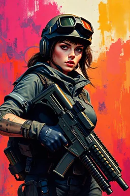 A trained female operative clad in tactical gear and armed to the teeth, set against a dramatic, high-contrast backdrop, painted in bold, vibrant acrylics reminiscent of the dynamic style of Ashley Wood, with the textured brushstrokes and expressive color palette of Frank Frazetta, and the graphic, high-octane energy of Syd Mead.