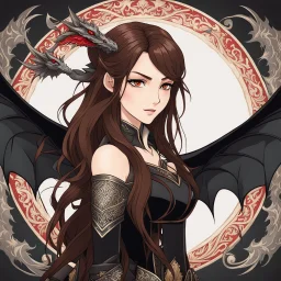 Icon or avatar. An arrogant looking young woman with pale skin and long brown hair in an outdoor fantasy setting with intricate details with a dragon flying in the far distance. She is smirking, wearing black and read leather, has red eyes, an air of malevolent power surrounds her. Anime style. High definition.