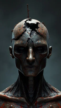Busch painting style nightmare, a zoomed top view of a man his head is a broken rusted metallic skin texture in a 3d rendering full-height image of a grim and dark scene. Ensure the final images exhibit the utmost quality, encompassing 4K, 8K, and 64K resolutions, with 3D rendering that manifests in photorealistic, hyperrealistic, and highly detailed representations. Employ techniques such as HDR, UHD,
