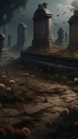 Bosch nightmares paining style Title:a grave yard brown stone written on it a dry dark color flowers 8k artistic photography, photorealistic concept art, soft natural volumetric cinematic perfect light, chiaroscuro, award-winning photograph, masterpiece, oil on canvas, Raphael, Caravaggio, Greg Rutkowski, people, beksinski, Giger