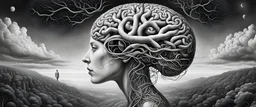 Brain makes the mind, mind makes the person. Concept art, Surrealism, overexaggerated features, beautiful, detailed, landscape, vibrant, whimsical, ethereal, Tim burton, entangled, infinity, cosmic, colorful,hyperrealism, renaissance painting, , metaphysical, laurie lipton, anthropomorphic character