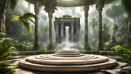 podium for meditation , design wood, View from large bay windows throughout from the large bay windows extends through the lost temple mayan jungle forest. palms waterfalls landscape. My With dreams. In the garden my mind bows . the palace colonnades direct view in the midst in the jungle , where you can see the fire and smell the smoke, galaxy, space, ethereal space, panorama. With the songs of dawn and the sadness of sleep Every leaf - that trembles in the embrace of the black My With drea