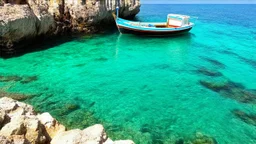 A petite bay enclosed by weathered rocks, the crystalline sea a vibrant green, a small fishing boat anchored offshore, summer season.