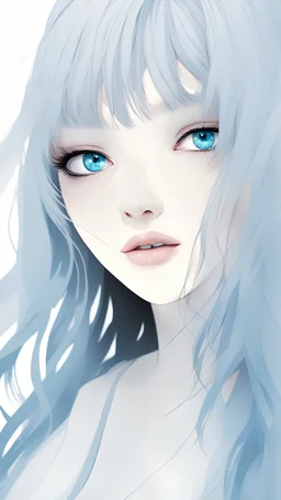 A close picture to a beautiful white skin woman with black soft hair and the hair cover half of Her face and glowing blue eyes