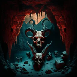 cursed cave, goats skulls, blood sea, creepy