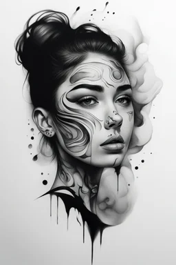 A realistic drawing in negative space black ink on white background of a beautiful girl with abstract face tattoos to enhance her face max enrist