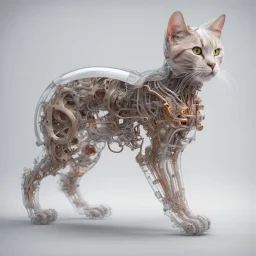 Mechanical anatomy of a cat being, transparent skin revealing all the mechanisms 8k