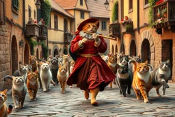 "The Cat Pied Piper of Hamelin, dressed in flowing, colorful Renaissance garments, playing a magical flute, followed by a majestic parade of cats in all sizes and colors, walking in perfect harmony along old cobblestone streets, Renaissance buildings with ivy, curious townsfolk leaning out of balconies with astonished faces, golden-hour lighting, high fantasy, highly detailed, 8K, hyper-realistic, magical realism --v 7 --ar 21:9 --style raw --q 2"
