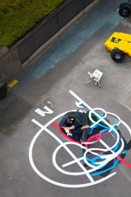 Logo, Street Art, drone view, Diagrammatic drawing, person curled up in a fetal position