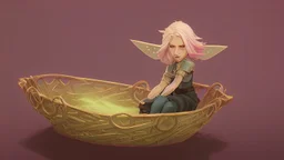 Fantasy style illustration: one small, cheerful fairy with golden hair, sitting in a small magical basket