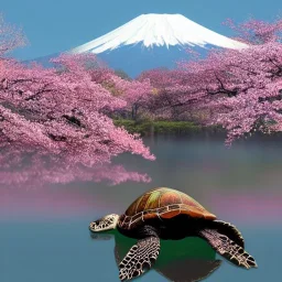 Turtle and Mount Fuji and cherry blossoms