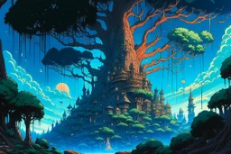 retro anime style, full color, dark serious 1980s anime style, a elf city in a giant tree, no humans, no people