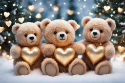 cute teddy bears holding hearts covered in sparkling gold glitter, beautiful winter composition, snowflakes, pine branches, Christmas ornaments and glowing Christmas lights