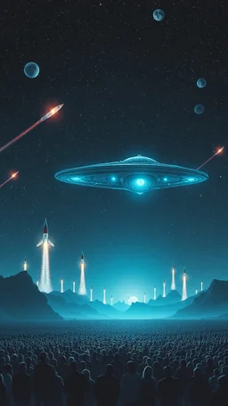 A field of random people at the end of the picture a blue dark aliens spaceship , lot of rockets and falling stars filling the picture
