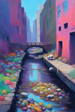 painting of a cyberpunk colourful natural walkway rubbish on the street in the city with pollution and a small bridge by a creek with electric sheep and androids by monet