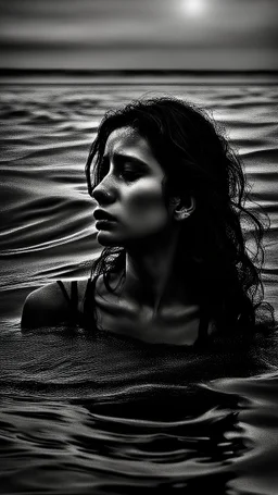 Mourning in dephts of ocean. A woman sinking sadly