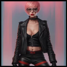 full body portrait -- an absolutely stacked female strawberry with pixie-cut hair, a perfect hourglass figure, perfect face, wearing a studded, black leather biker's jacket and pants with 12-inch platform boots and goggles,