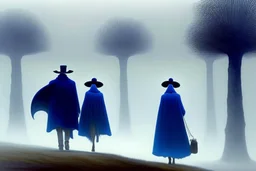 two people in capes and hats seen from behind walking side by side in an empty foggy plain, above there is blue sky by artist "Leonora Carrington"