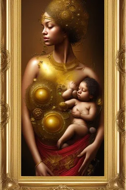 an abstract painting of gold metal and flowers, gold shinny African young mother breastfeeding her baby, rust, scaffolding, iron cladding, decay, mixed media, textured, anatomically correct, beautiful perfect face, sharp focus, highly detailed