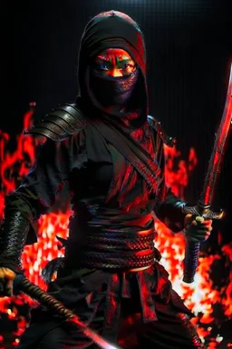 evils female indonesia ninja with red light eyes and dark shadow has a Dark Sword (hidden shadow monster) full body Raw, realistic, in the background explode fire