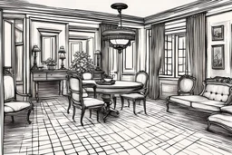 illustration depicting the background of a house interior. The scene should include a table in an empty room, with no individuals present. Emphasize the atmosphere and details of the room to evoke a serene and unoccupied ambiance