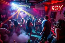 dans golv på en nedsliten sunkig techno club, många personer som dansar, yppiga kvinnor, mycket scen rök i lokalen, och gula röda strobes, en del personer ser in i kameran och skriker: "Benny!" och en Neon Skylt med texten "DJ ROY" på väggen, DJ Roy skriker rätt in i kameran, öppen mun, mycket flaskor och glas i baren
