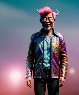 Ultra Realistic photo, medium shot view, drunken sweet dancer old Asian man, carnival scene, monster hair, steampunk style. Red hair, confeti, smile, happy, festival, ovnis, gradient color fog. highly detailed, concept art, unreal engine 5, ray tracing, RTX, lumen lighting, ultra detail, volumetric lighting, 3d, finely drawn, high definition, high resolution.