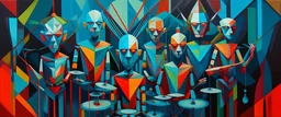 Portrait of a virtual band named The Quantum Alternative. They are all very cartoony and sci fi. Geometric style, oil painting, six members. They have strange abnormal instruments. Extremely simple style geometric shapes