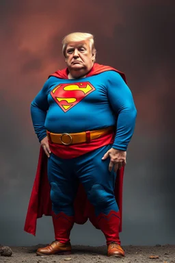 a thoroughly confused, frail, elderly and obese donald trump standing dressed as superman