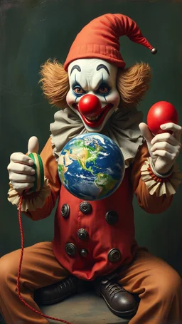Bosch style painting , A 3D clown holding a yo-yo game of planet earth dingle down the yo-yo string