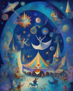 A whimsical portrayal of a cosmic carnival, set amidst the stars and filled with celestial beings enjoying thrilling rides and games, in the style of magical realism, vibrant colors, dreamy compositions, and intricate detailing, inspired by the works of Marc Chagall and Remedios Varo, evoking a sense of childlike wonder and curiosity.