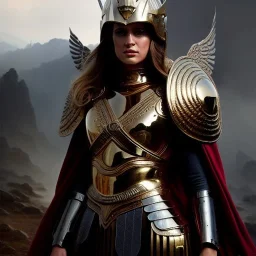 a beautiful (full body)portrait oil on canvas portrait of a valkyrie wear armor helmet with detail eyes by Greg Rutkowski and Raymond Swanland, ultra realistic digital art, hyperdetailed intricate, castle