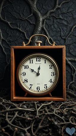 An old classic clock in a box without indicators in the background of black vein, human veins, mixing together a lot of them, like a forest, big and small veins a lot of them, an army helmet from WW2