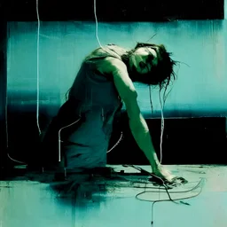 Dystopian future women twisted body with retro monitor head and handing wires. In desolate landscape at night. With a concrete decaying block. Abstract oil painting in style of Justin Mortimer