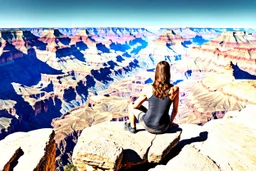 Beautiful view from the Grand Canyon, a person in a victory pose on a single rock outcrop. In the horizon, nice weather and the sun shining,