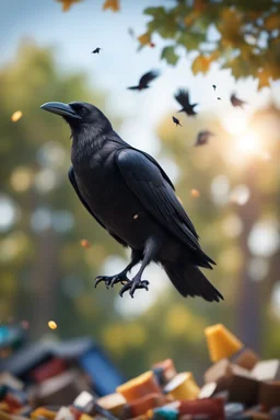 crow dropping garbage from tree tops laughing,bokeh like f/0.8, tilt-shift lens 8k, high detail, smooth render, down-light, unreal engine, prize winning