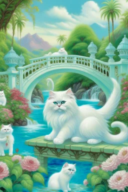 in the center: beautiful chunky white persian cats with blue/green eyes, playing on a bridge with kittens, under the brigde flows a small blue river; background: landscape with palm trees, first plan: pink roses: white clouds