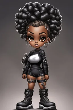 create an airbrush illustration of a chibi cartoon voluptuous black female wearing a black and silver outfit with timberland boots. Prominent make up with hazel eyes. Extremely highly detailed of a long wavy ombre bantu knots. Background of a bike show