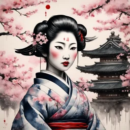 pretty 19 century geisha with Japanese pagoda and cherry blossoms in background, Abstract art, Kirby Krackle effect, traditional Japanese calligraphy scroll paintings, Japanese woodblock prints, by Shohei Otomo, ink washes over top both lines and fills, amazing beauty, hyperdetailed, watercolor and ink, ink splatter