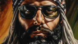 Close portrait of a 40-year-old Arab man with thick beard, wearing a keffiyeh and sunglasses resting on his forehead, highly expressive eyes looking at the camera, face dominating the frame, blurred background, contemporary realistic painting style.