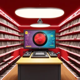 3-d render cartoonish classic inside a dj vinyl record shop record store