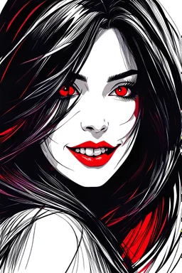 Scratchy pen strokes, blind contour, fisheye perspective closeup, beautiful girl vampire face in darkness, stark hatch shaded sketchy scribbly, ink, strong angular shapes, woodcut shading, pen strokes, cute smiling lips, sexy eyes, minimalist realistic, anime proportions, distorted perspective, some red colors