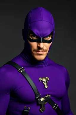 full-length, A portrait of a the Phantom, a man with piercing blue eyes, a chiseled jaw, goatee, timeless face, stern expression, Wearing a skintight formfitting purple cotton hero suit with a skintight cowl with a widows peak that fits tight to his head, but does not cover his face or his forehead , he wears a thin, black leather, bandit eye disguise over his eyes, black and blue diagonally striped trunks, dual-holstered pistol belt adorned with a triangle skull-shaped buckle, leg straps, boot