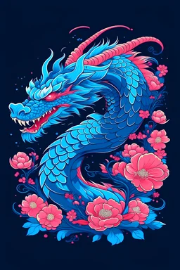 Vector design of blue young dragon with pink flowers and chinese elements