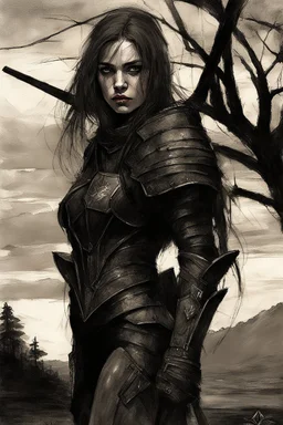 A formidable warrior girl in black armor, on the background Amazing gloomy landscape, flooded with sunset, mountains, trees, fabulous scary hero, , juicy emotions, painting, dark fantasy, gloomy day, dark world, portrait, A Quick Pencil Sketch Of A Portrait Of A 20 Years Old Woman; By Alex Maleev